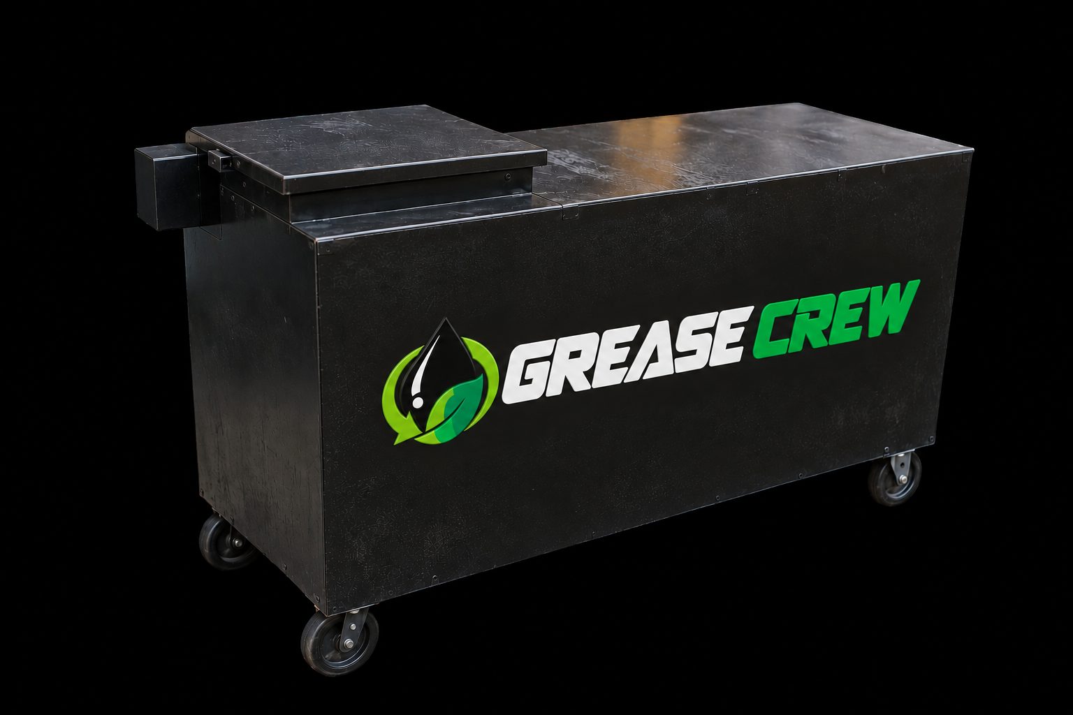 A sealed Grease Crew collection container on casters, lid closed and ready for pickup