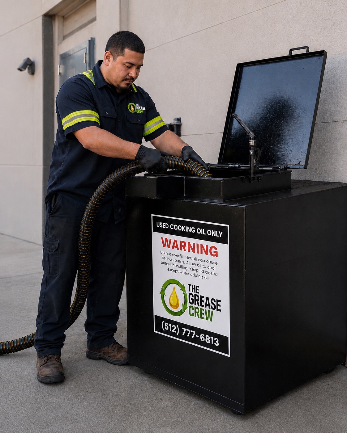 A Grease Crew technician drawing used cooking oil from a sealed outdoor container