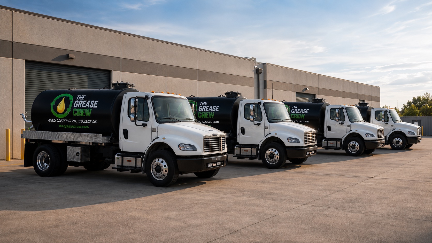 A row of Grease Crew tanker trucks lined up in the yard, ready for the day's routes