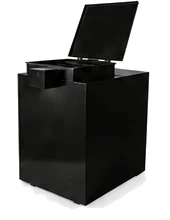 A black steel outdoor used cooking oil container with its lid open