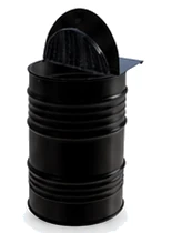 A 55 gallon black steel drum for used cooking oil