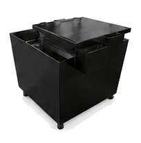 A black 95 gallon steel outdoor used cooking oil container with a sliding grate