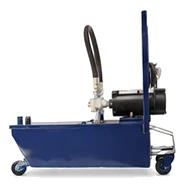 A blue used cooking oil caddy with a pump and hose