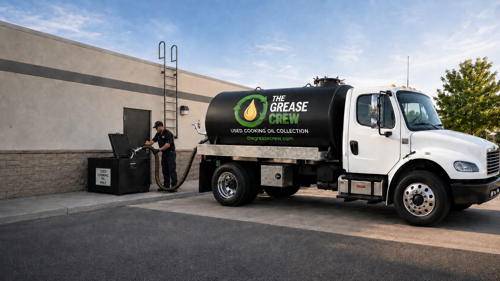 A Grease Crew tanker truck collecting used cooking oil behind a restaurant
